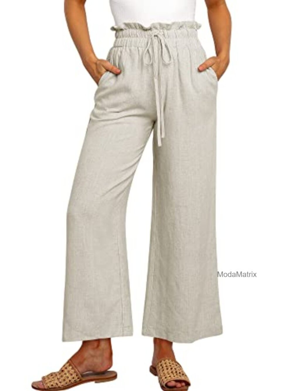 30% Linen 70% Rayon High Waist Wide Leg Cropped Palazzo Pants